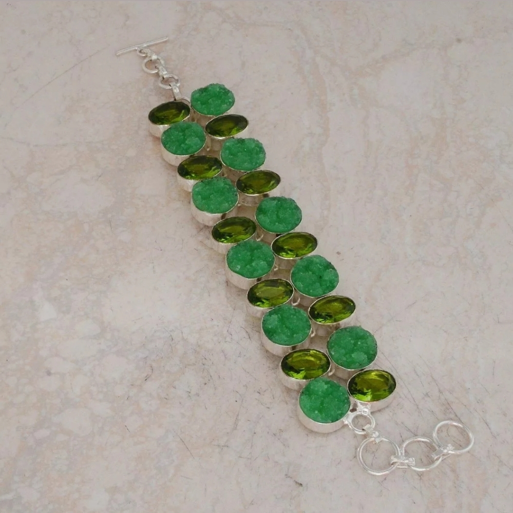New Amazing Green Druzy and Peridot Silver Bracelet.